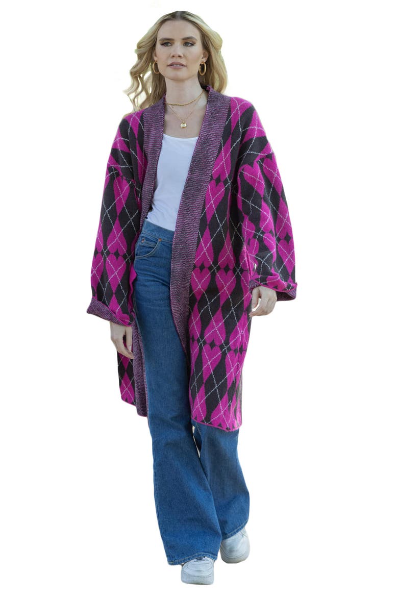 Argyle Heart Print Cardigan, Alternate, color, PINK