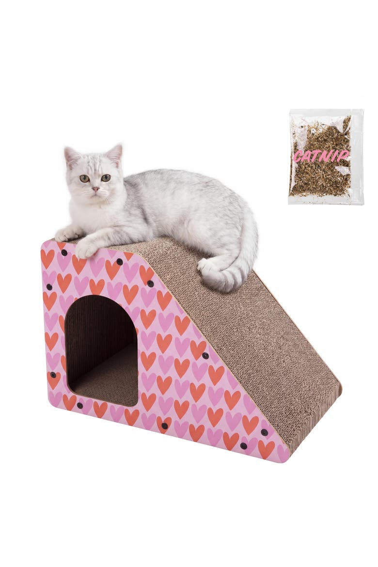 Kento Minimalist Cardboard Angled Cat Cave Scratcher with Catnip, Main, color, Pink/Red