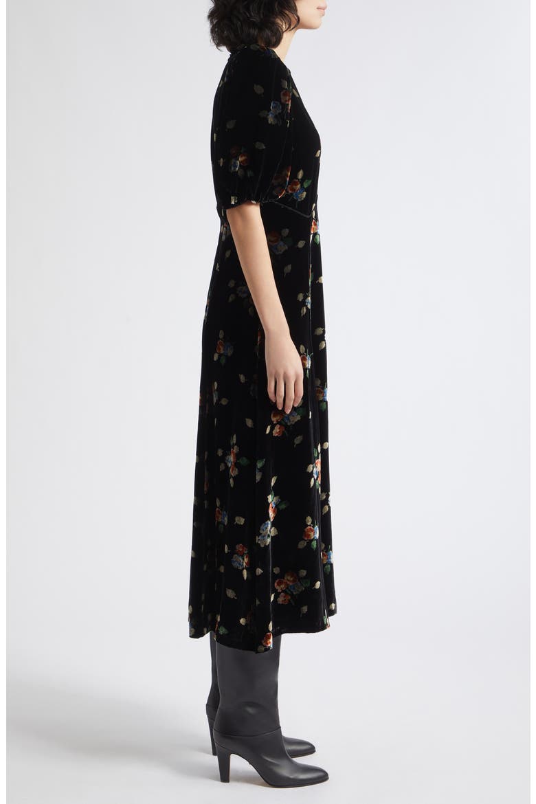 Leda Velvet Puff Sleeve Midi Dress, Alternate, color, BLACK
