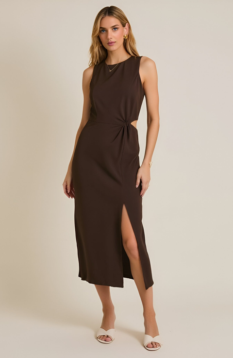 Sleeveless Side Twist Front Slit Midi Dress