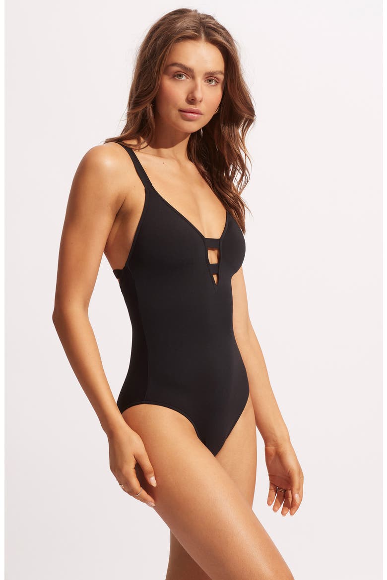 Deep V One-Piece Swimsuit, Alternate, color, BLACK
