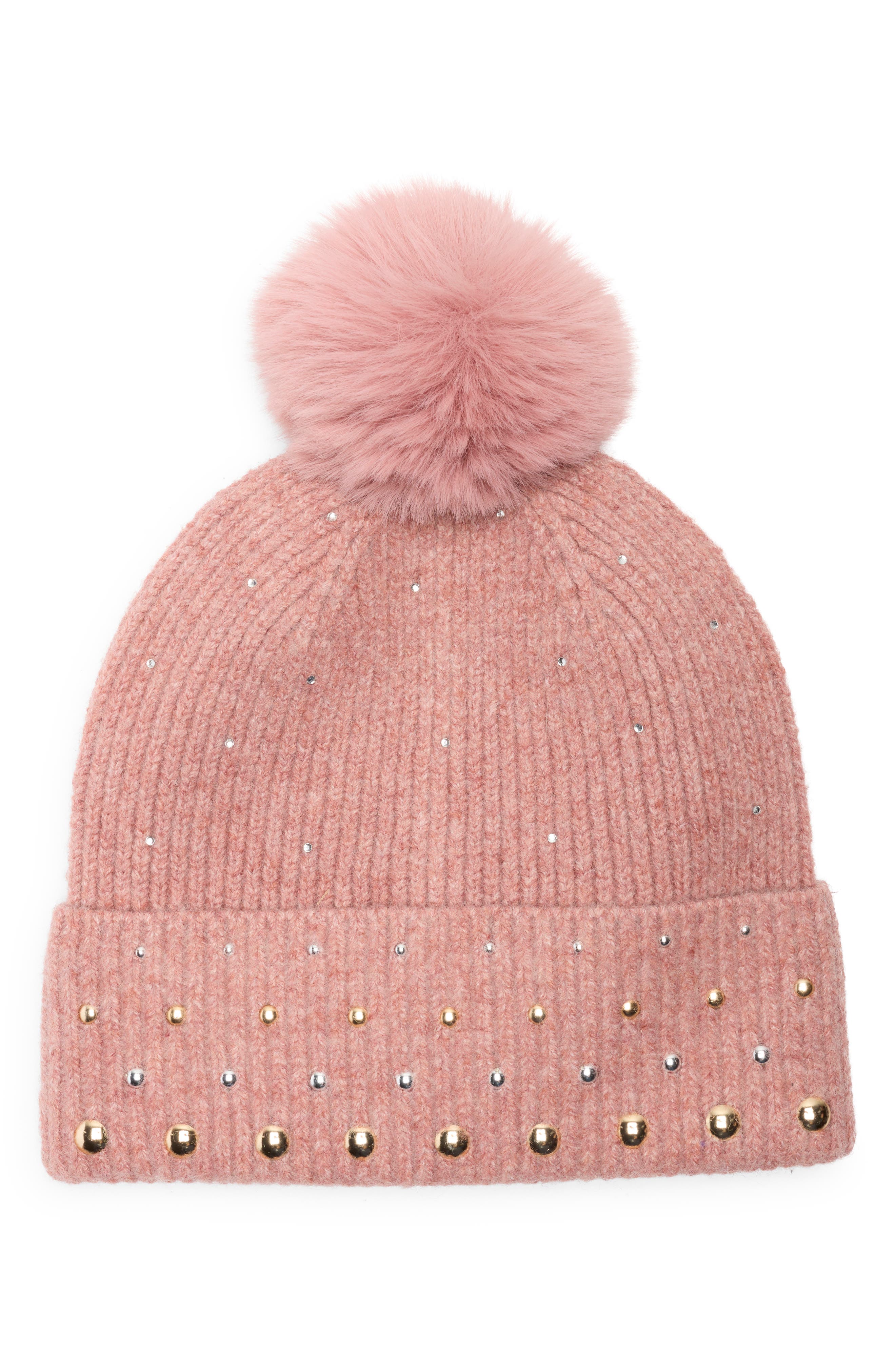 BCBGeneration Studded Faux Fur Pompom Beanie