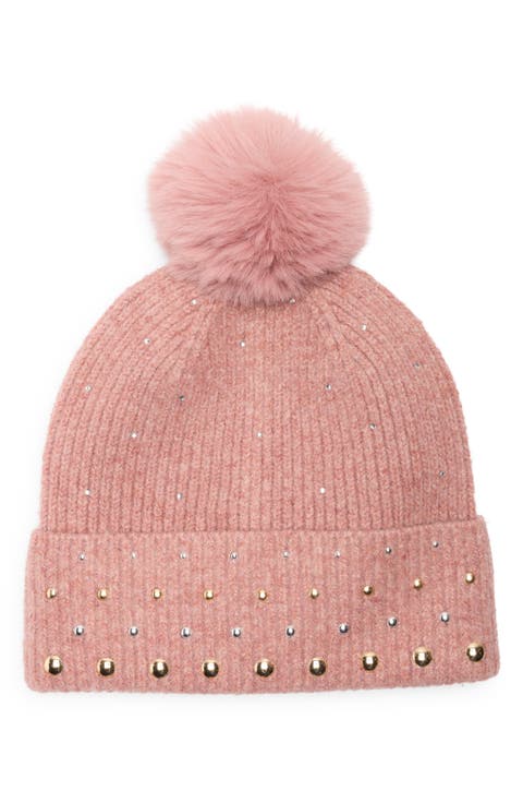 Studded Faux Fur Pompom Beanie