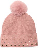 BCBGeneration Studded Faux Fur Pompom Beanie