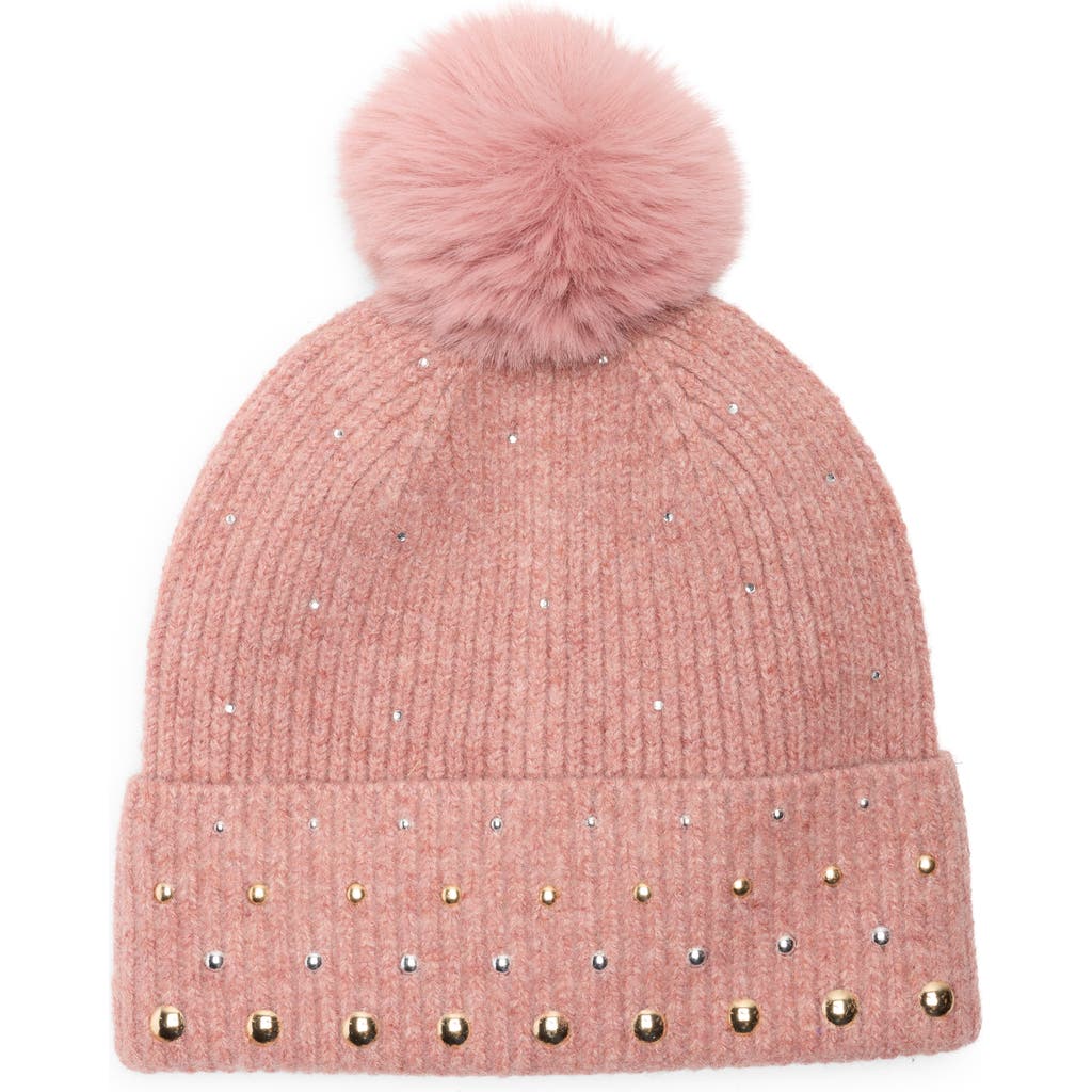 Bcbg Studded Faux Fur Pompom Beanie In Pink