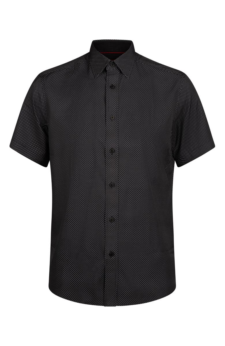 Report Collection Geo Print Short Sleeve Stretch Button-Up Shirt, Alternate, color, Black