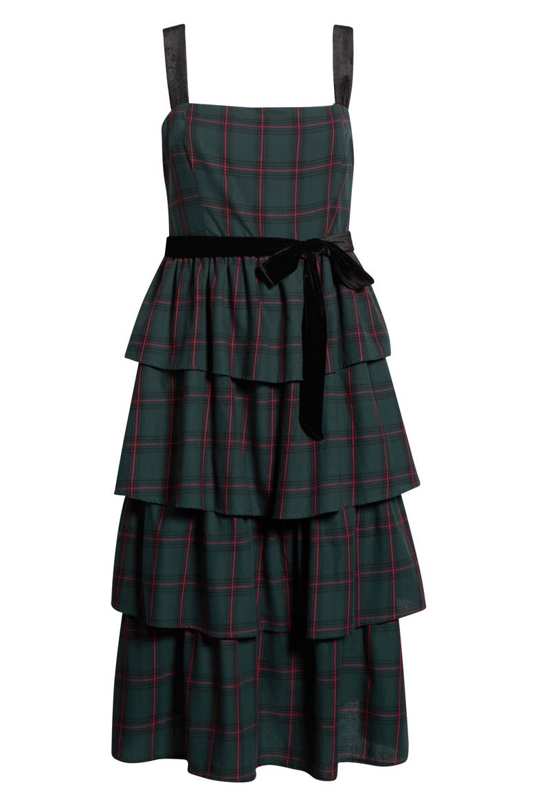 Brook Plaid Velvet Tiered Midi Dress, Alternate, color, GREEN-MULTI