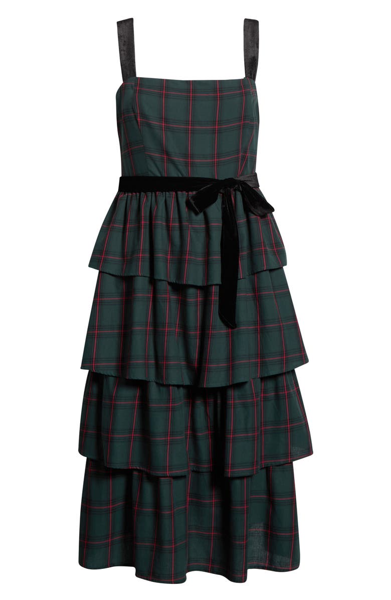 SUGARLIPS Brook Plaid Velvet Tiered Midi Dress, Alternate, color, Green-Multi