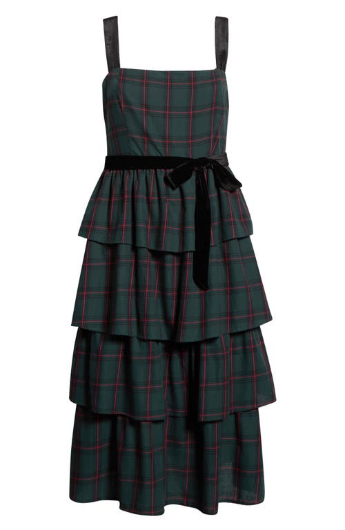 Sugarlips Brook Plaid Velvet Tiered Midi Dress In Green