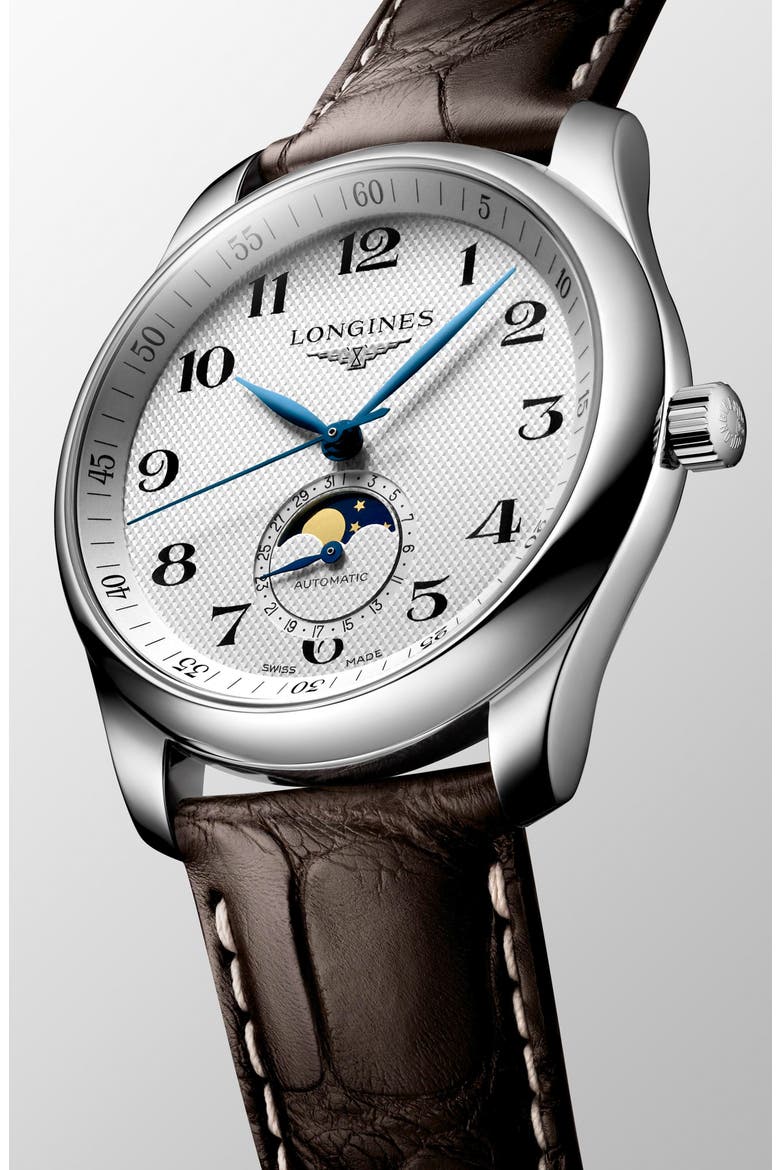 Master Collection Moon Phase Leather Strap Automatic Watch, 40mm, Alternate, color, WHITE
