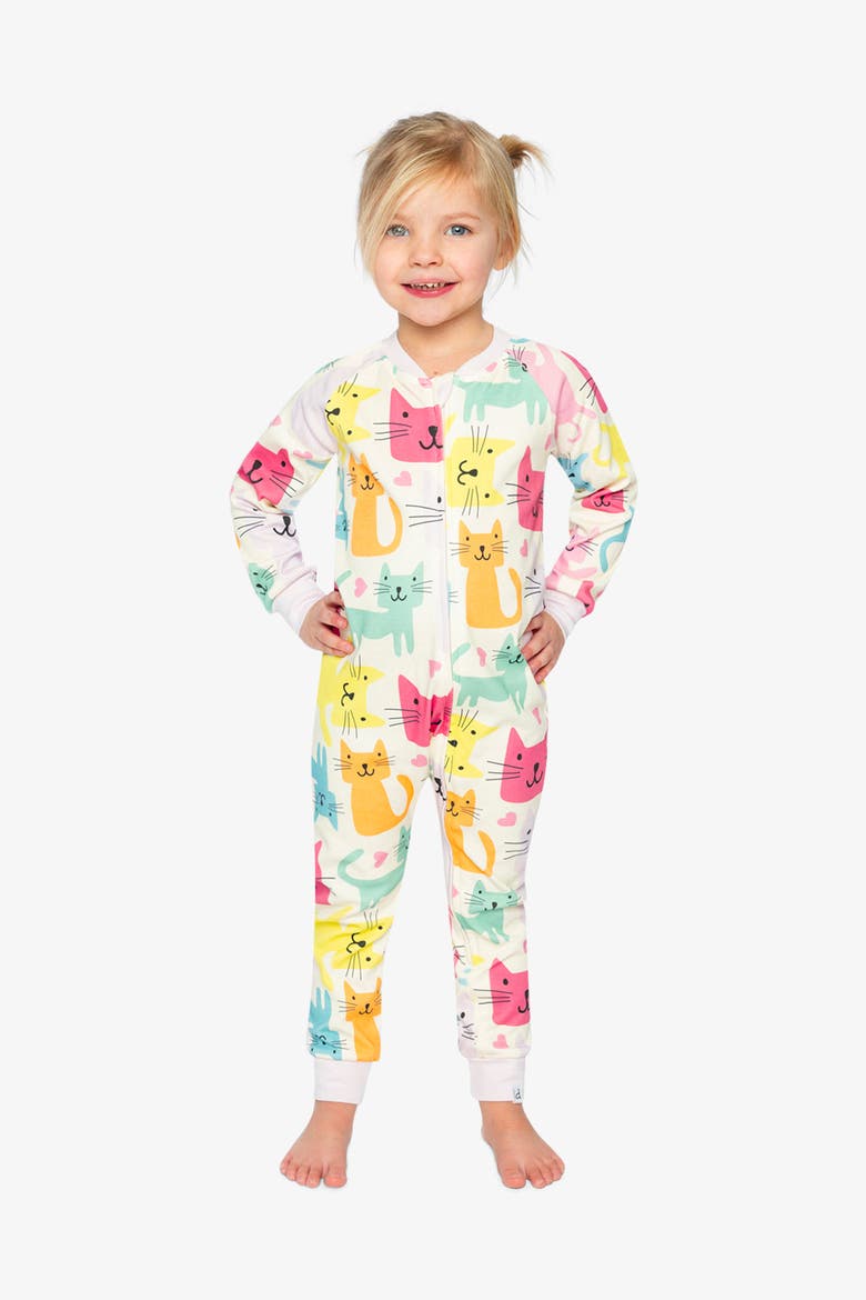 Cat Organic Cotton Front Zipper One Piece Pajama, Alternate, color, White Printed Cats