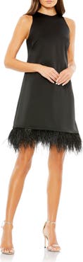 Mac Duggal Feather Hem High Neck A-Line Dress