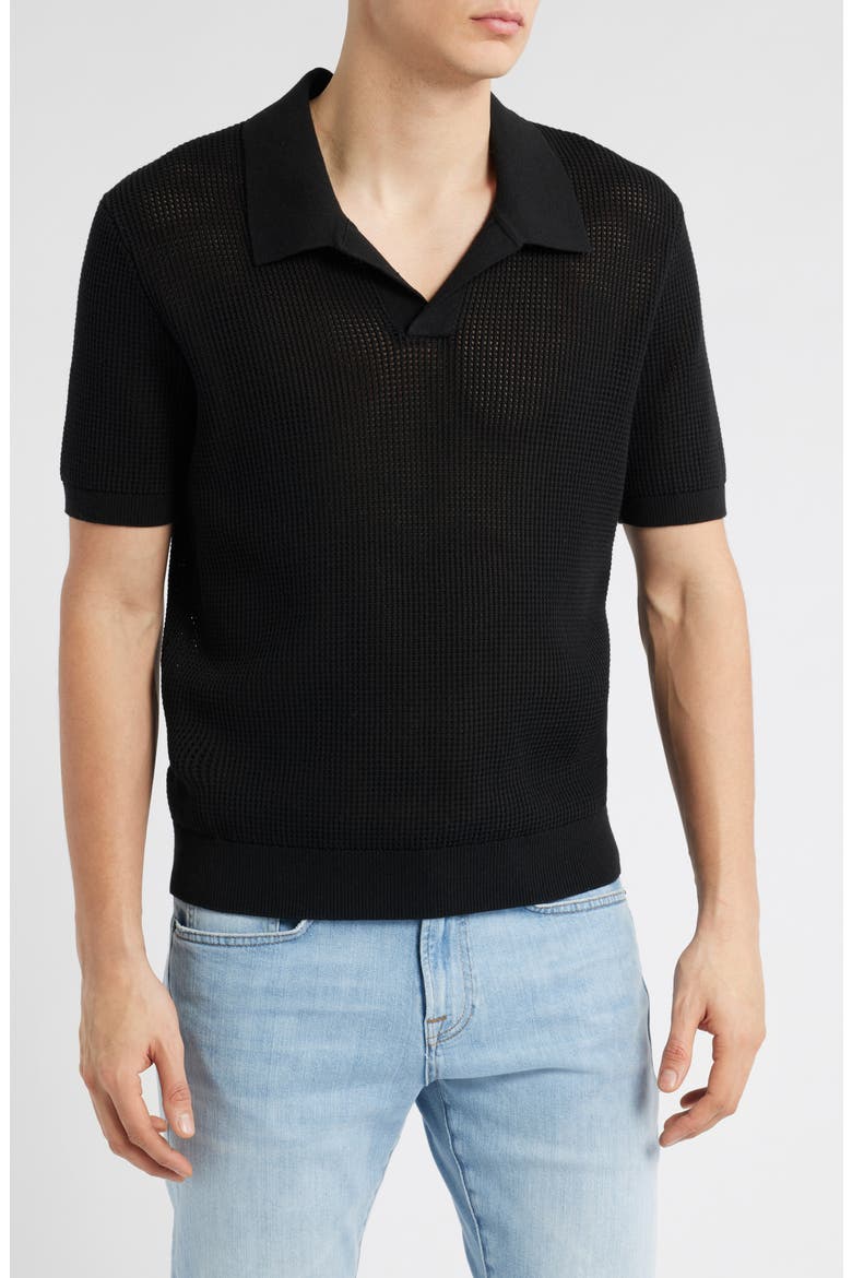 Open Knit Polo Sweater, Main, color, BLACK