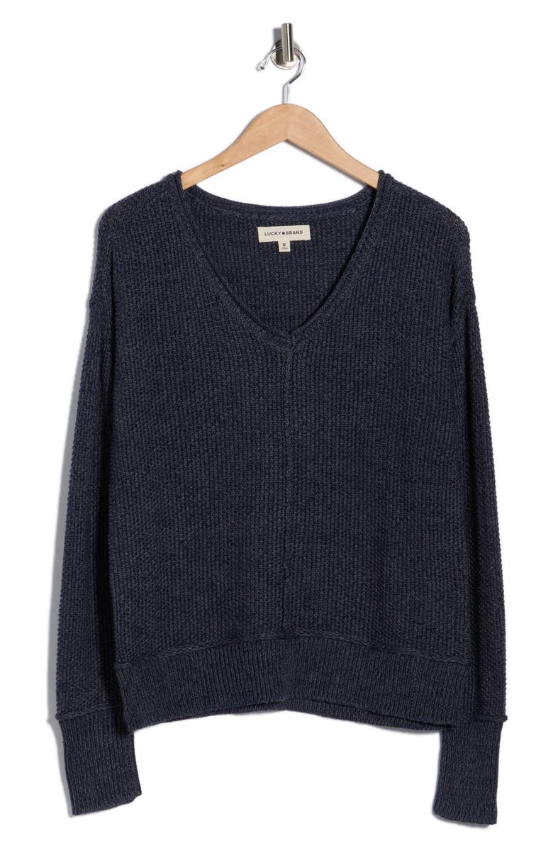 Lucky Brand Textured V-Neck Sweater, Alternate, color, American Navy