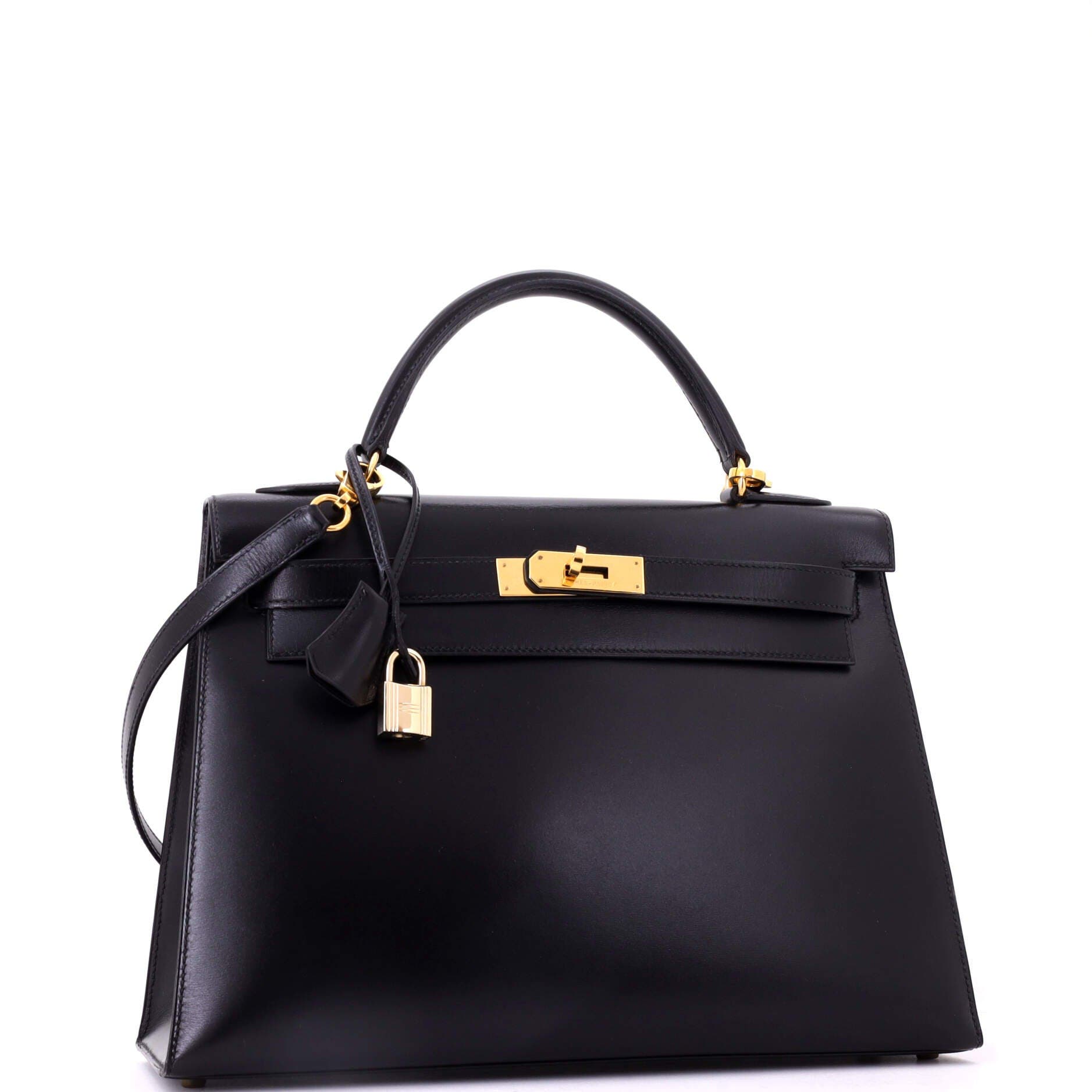 Pre-Owned Hermes Kelly Handbag Black Box Calf with Gold Hardware 32, Alternate, color, Noir
