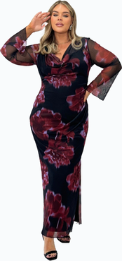 FASHION-SZN CURVE Cowl Neck Mesh Flare Sleeve Maxi Dress