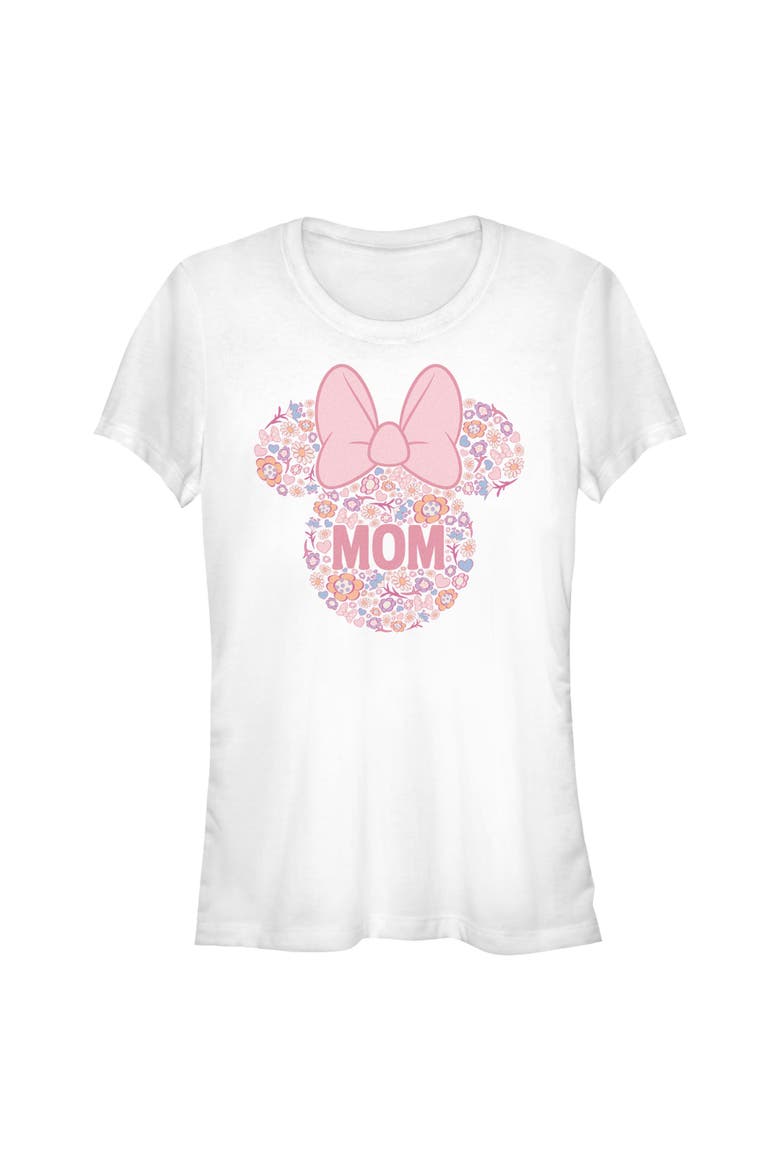 Junior's Minnie Mouse Bow Icon Mom Flower Pattern  Graphic T-Shirt, Main, color, White