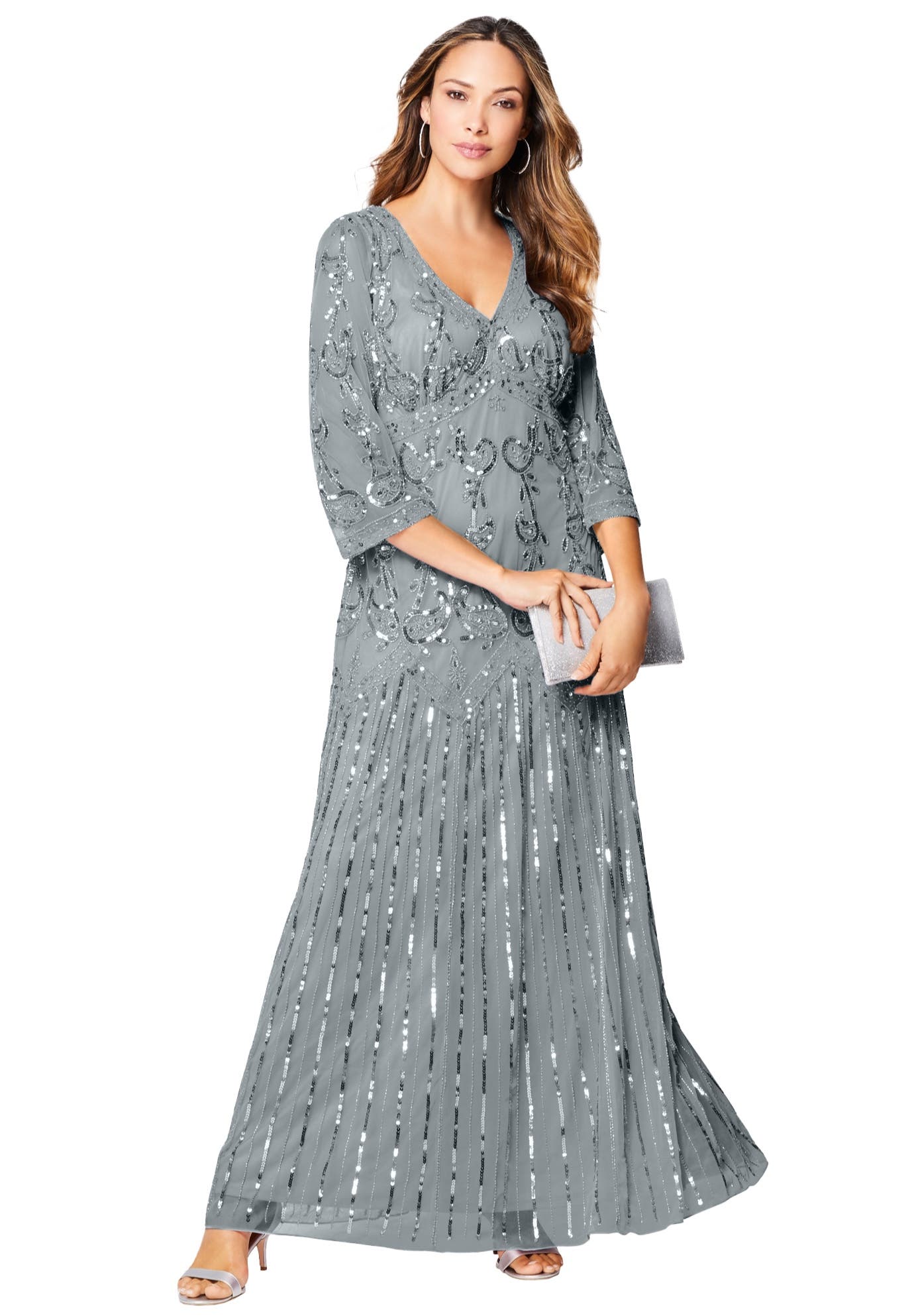 Plus Size Beaded V-Neck 3/4 Sleeve Sleeve Maxi Gown - image 3