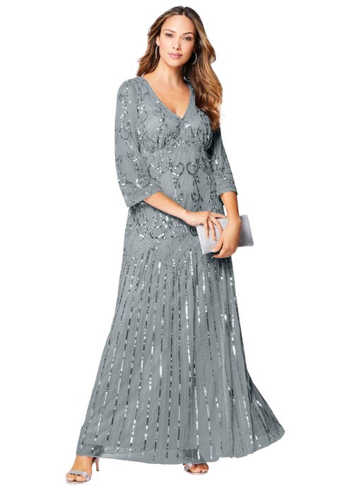 Plus Size Beaded V-Neck 3/4 Sleeve Sleeve Maxi Gown (Plus)