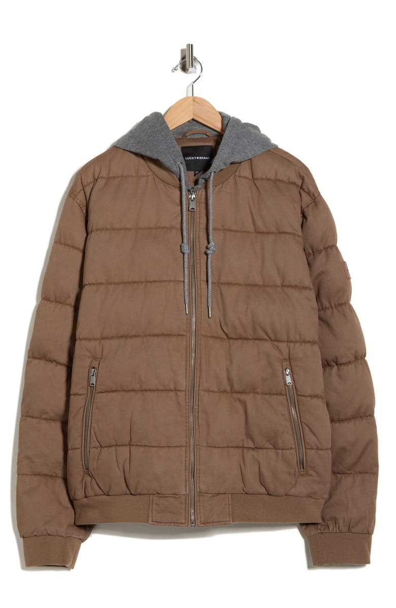 Lucky Brand Cotton Hooded Puffer Bomber Jacket, Alternate, color, Mushroom