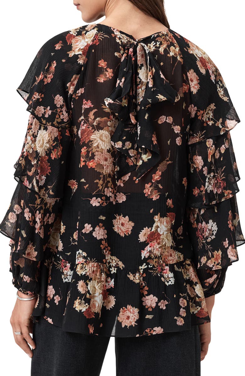 AllSaints Lissie Floral Print Ruffle Top, Alternate, color, Armada Black