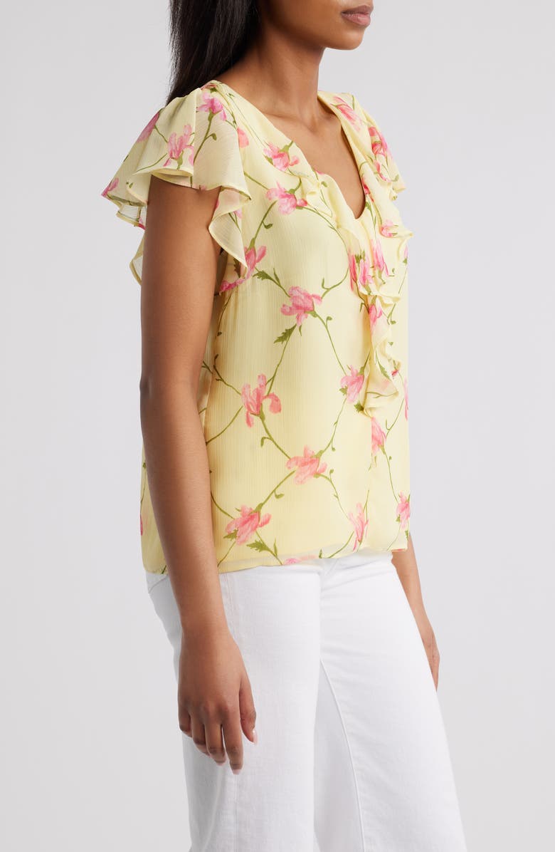 CeCe Floral Ruffle Trim Top, Alternate, color, Lemon Drop