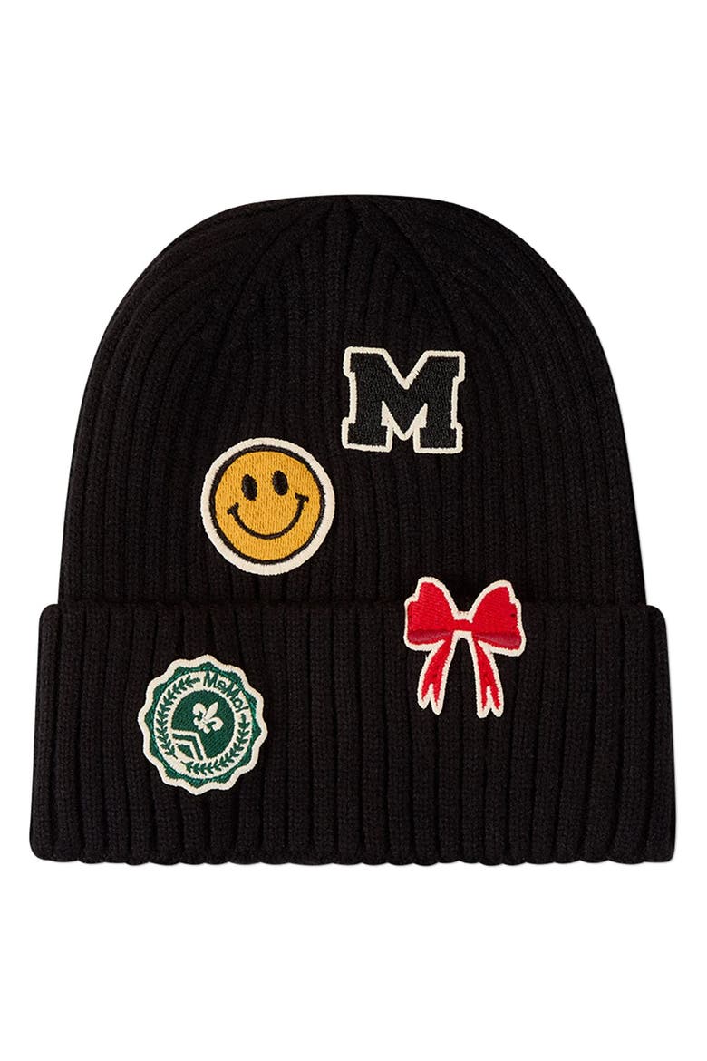Kids' Happy Varsity Ribbed Knit Cuffed Beanie, Main, color, Black