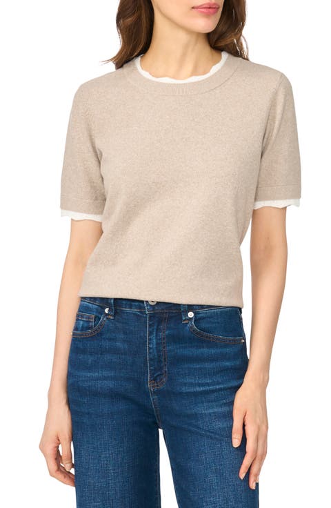 Lace Trim Short Sleeve Crewneck Sweater
