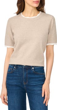 CeCe Lace Trim Short Sleeve Crewneck Sweater