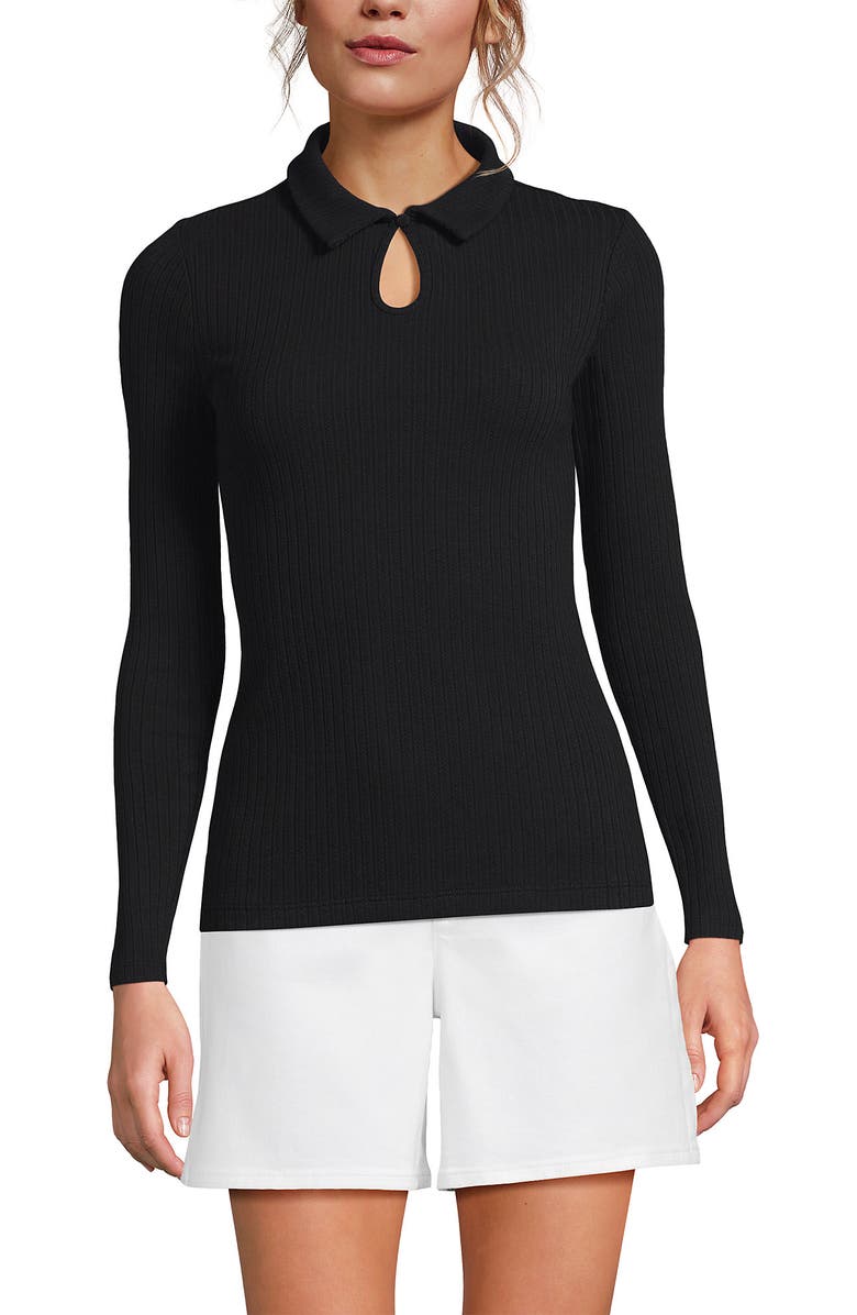 Lands' End Long Sleeve Pointelle Rib Keyhole Polo Top, Main, color, Black