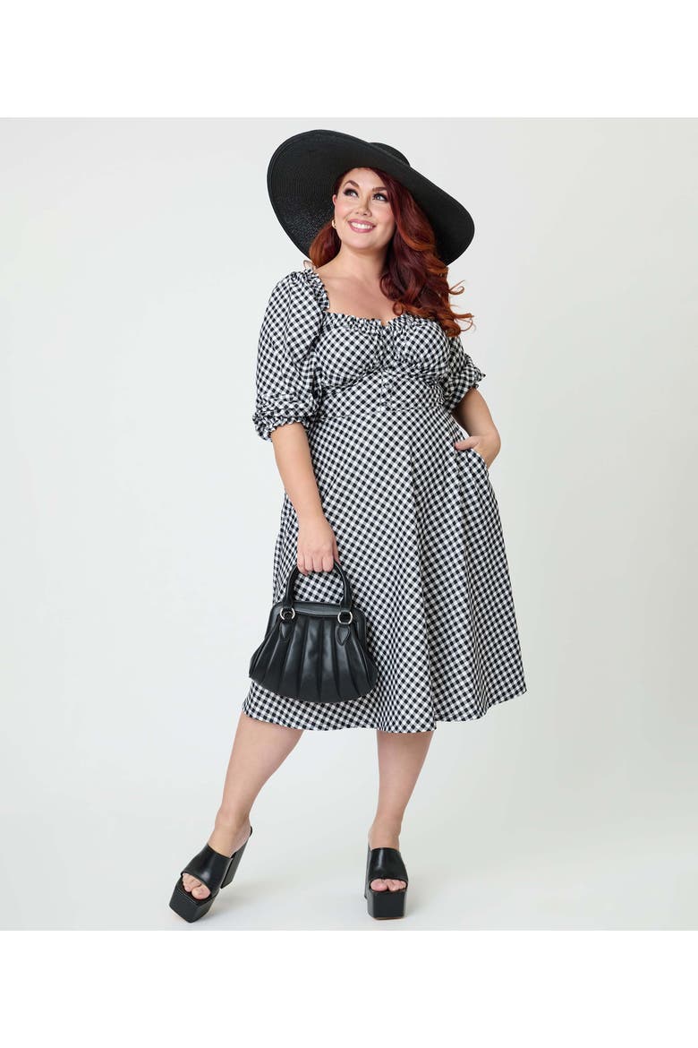 Plus Size Peasant Sleeve Swing Dress, Alternate, color, Black & White Gingham