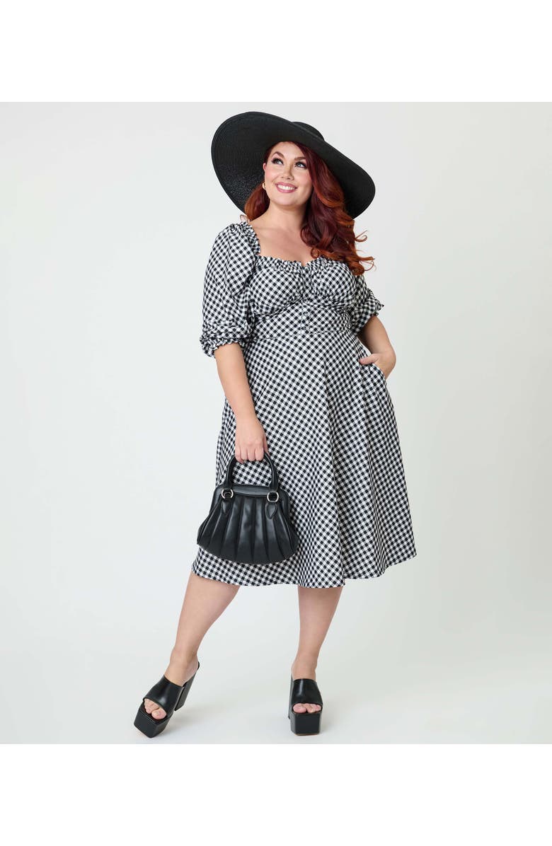 Unique Vintage Plus Size Peasant Sleeve Swing Dress, Alternate, color, Black & White Gingham