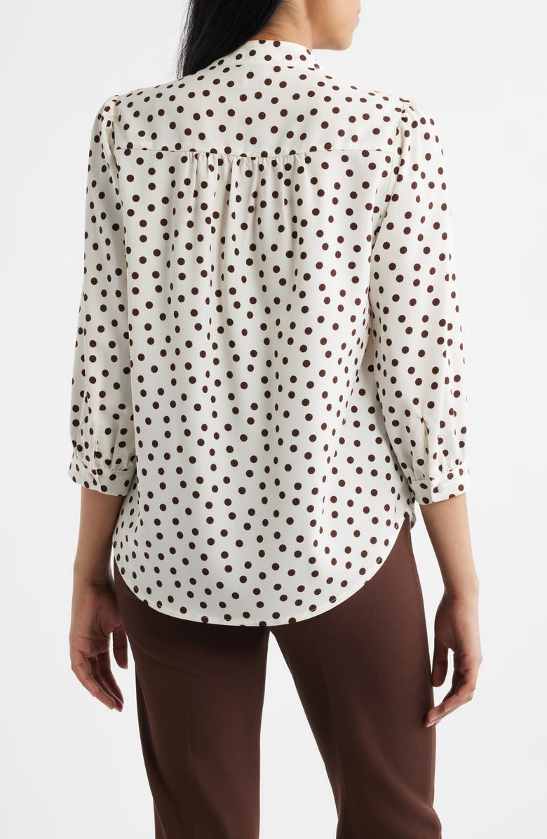 Anne Klein Polka Dot Split Neck Crêpe de Chine Top, Alternate, color, White Dove/ Chocolate