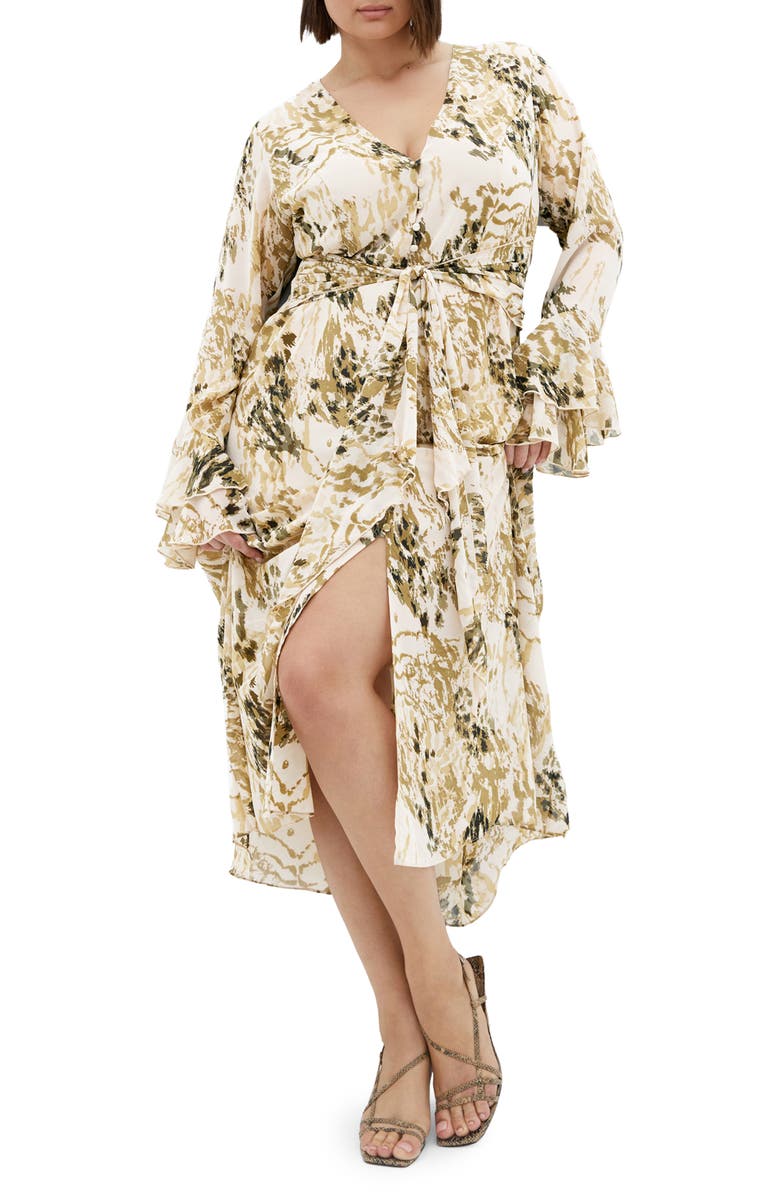 City Chic Print Tie Waist Long Sleeve Maxi Dress, Main, color, Skin