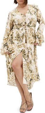 City Chic Print Tie Waist Long Sleeve Maxi Dress