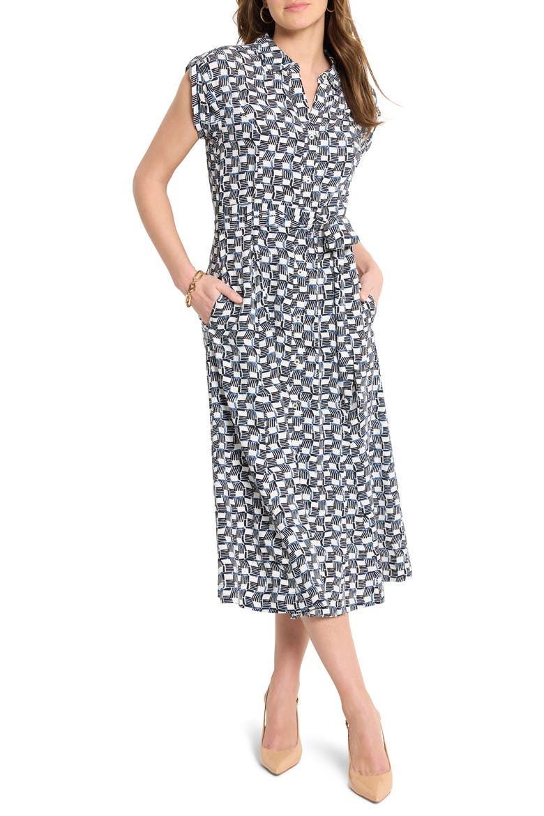 Sonni Basket Weave Print Belted Midi Shirtdress, Main, color, INDIGO MULTI