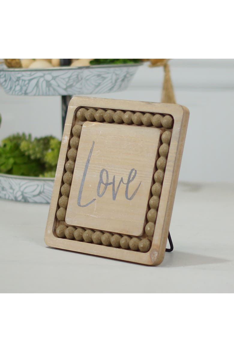 Wood 8 Inch Beige Love Sign with Beaded Accent and Easel Back, Farmhouse Tabletop Decoration, Alternate, color, Brown