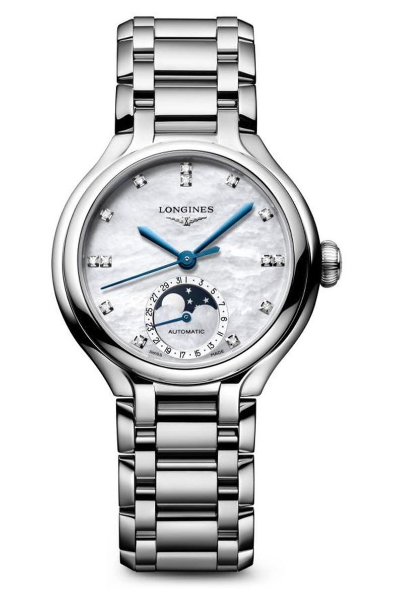 PrimaLuna Moonphase Mother-of-Pearl Bracelet Watch, 34mm, Main, color, WHITE MOTHER-OF-PEARL