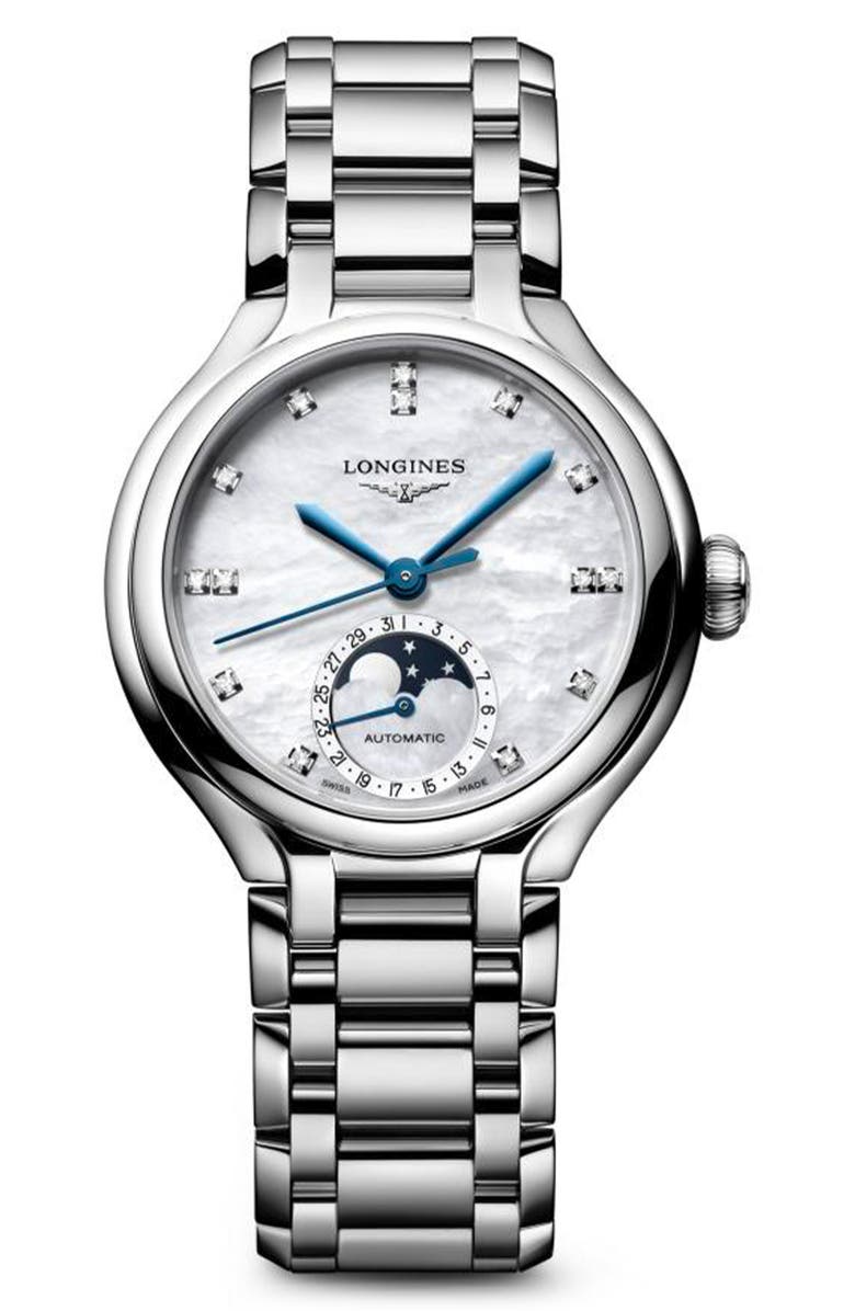 Longines PrimaLuna Moonphase Mother-of-Pearl Bracelet Watch, 34mm, Main, color, White Mother-Of-Pearl