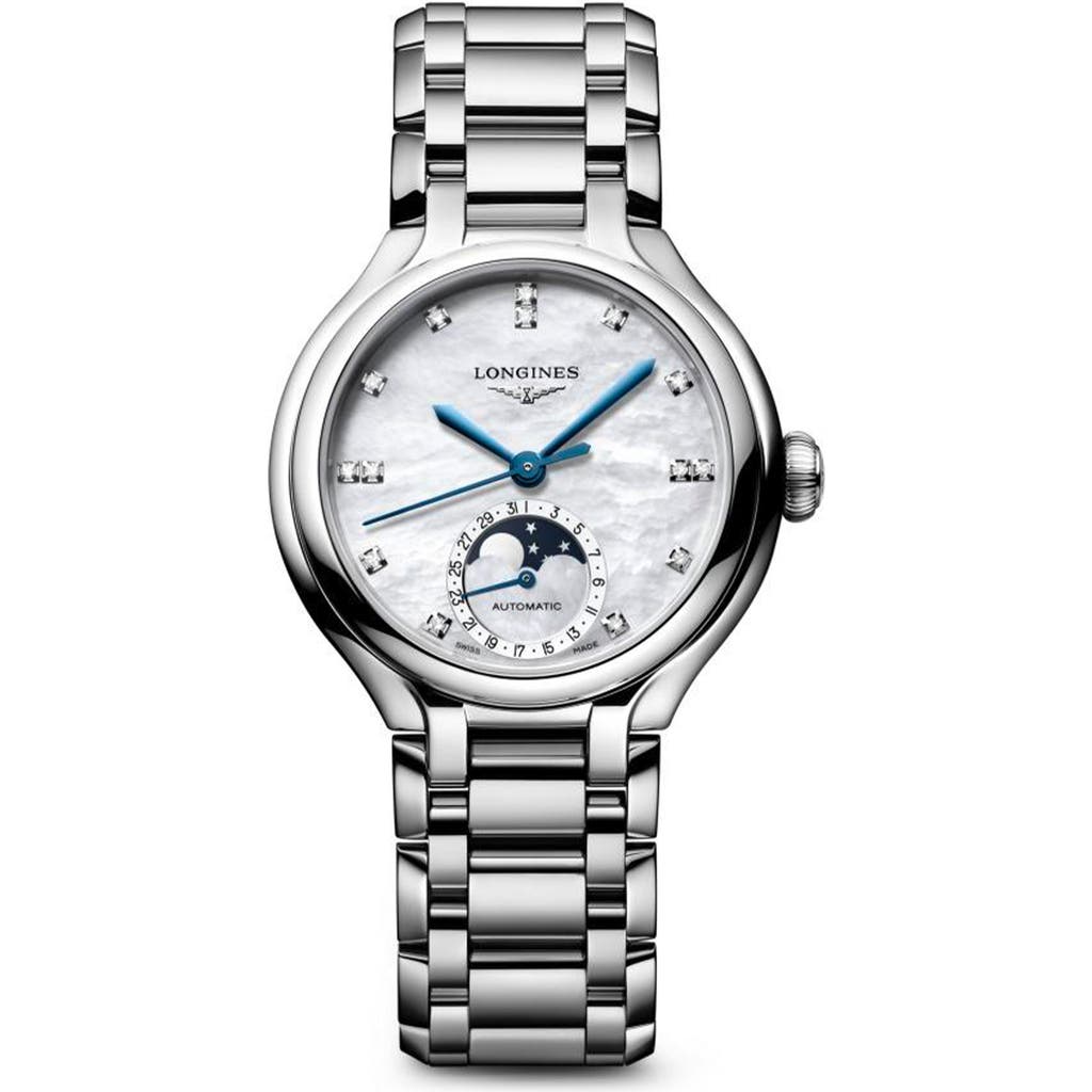 Longines Primaluna Moonphase Mother-of-pearl Bracelet Watch, 34mm In Metallic
