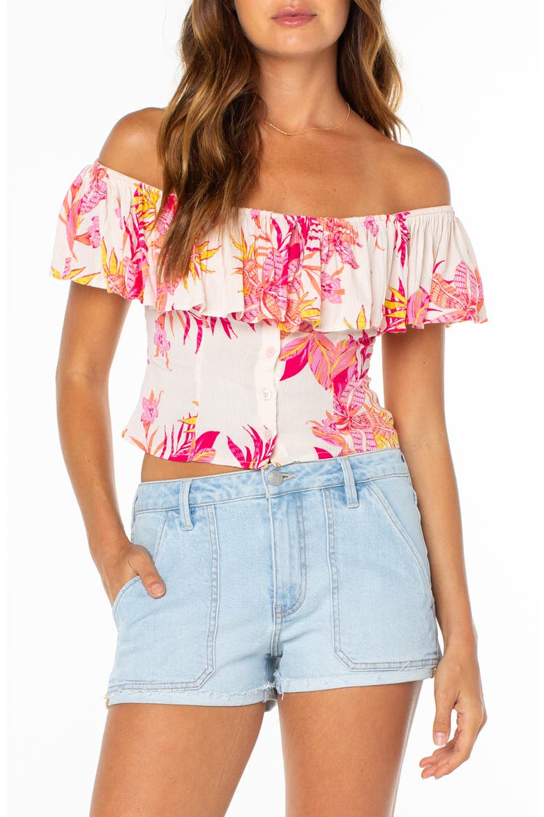 Clear Sky Botanical Off the Shoulder Button-Up Top, Main, color, DEW