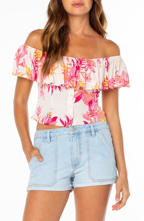Clear Sky Botanical Off the Shoulder Button-Up Top