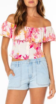 Roxy Clear Sky Botanical Off the Shoulder Button-Up Top
