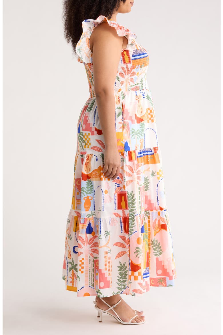 Petrolia Town Sunfire Smocked Bodice Tiered Cotton Midi Dress, Alternate, color, ORANGE-PINK-WHITE