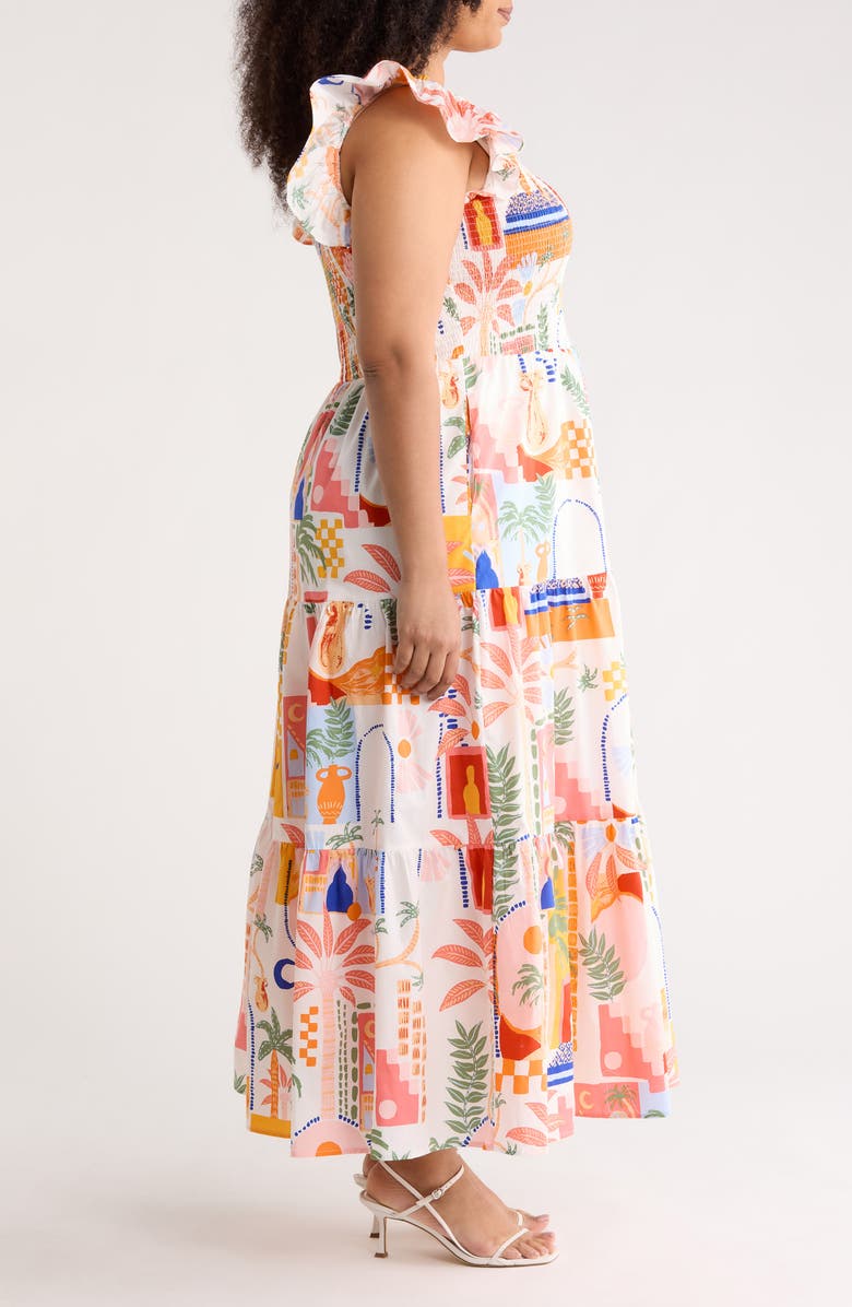 SUGARLIPS Petrolia Town Sunfire Smocked Bodice Tiered Cotton Midi Dress, Alternate, color, Orange-Pink-White