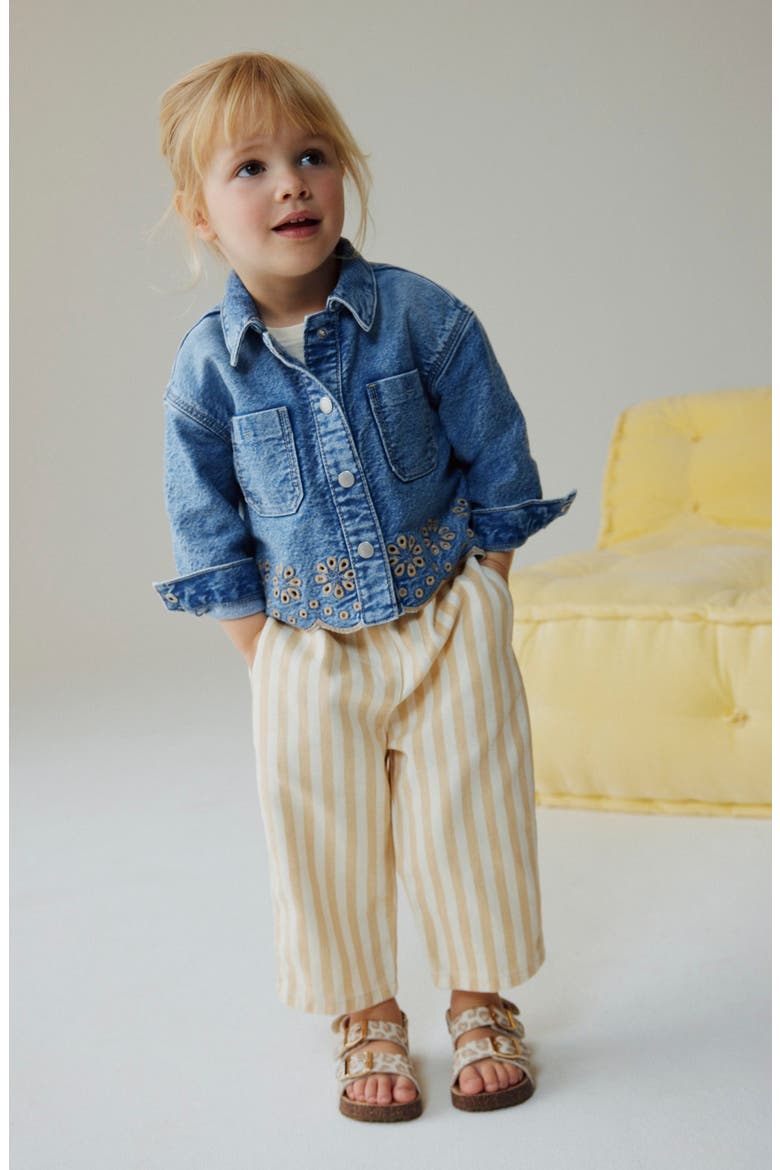 Kids' Embroidered Denim Jacket & Stripe Pants Set, Alternate, color, BLUE