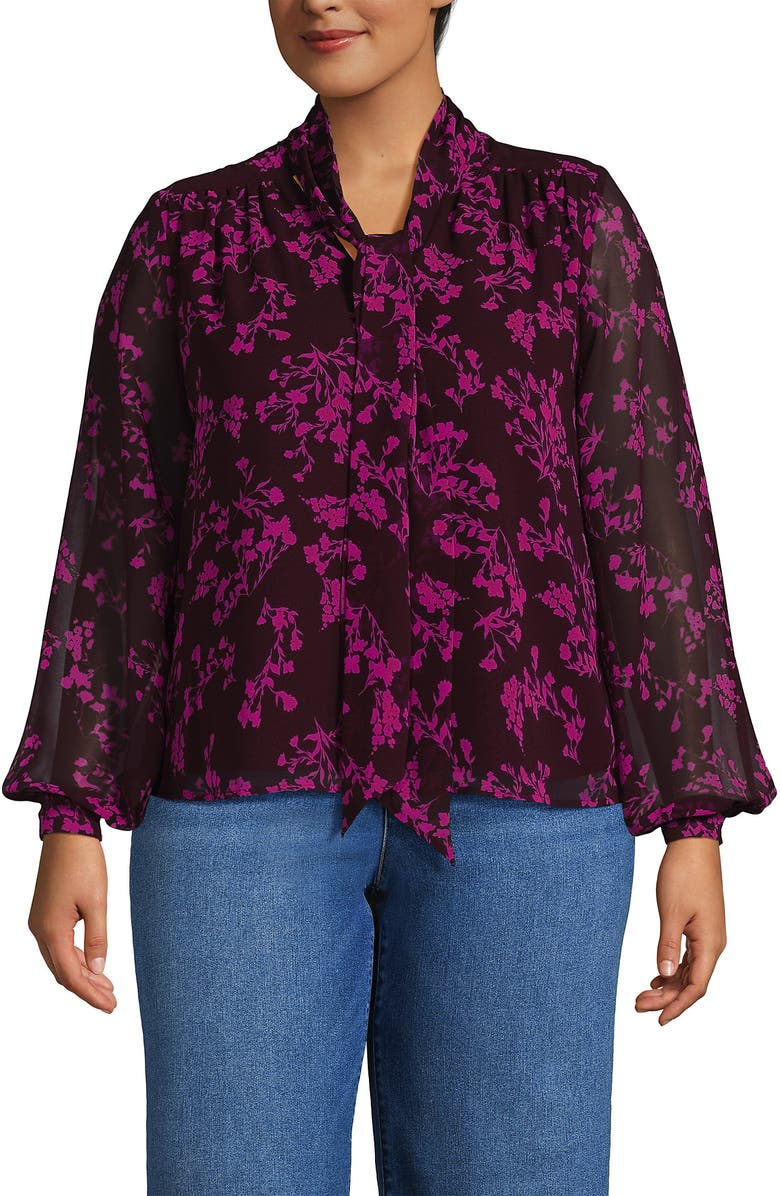 Lands' End Chiffon Removable Tie Neck Blouse, Main, color, Lush Burgundy Wildflowers