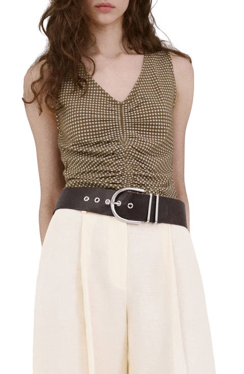 Micro Check Ruched Cotton Blend Top