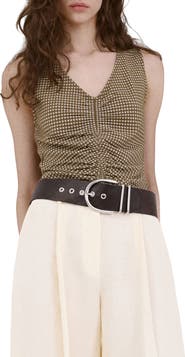 MANGO Micro Check Ruched Cotton Blend Top