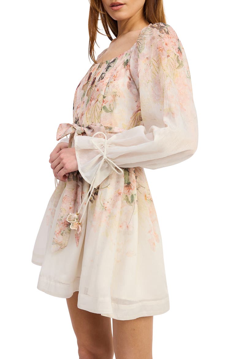 Floral Print Tie Waist Long Sleeve Chiffon Minidress, Alternate, color, IVORY BLUSH ORCHID